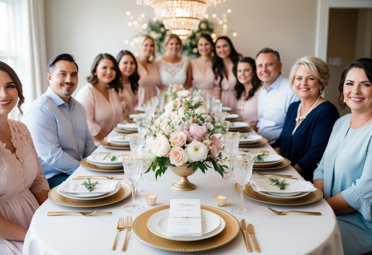A table set with elegant tableware, floral centerpieces, and delicate decorations, surrounded by happy guests celebrating a bridal shower