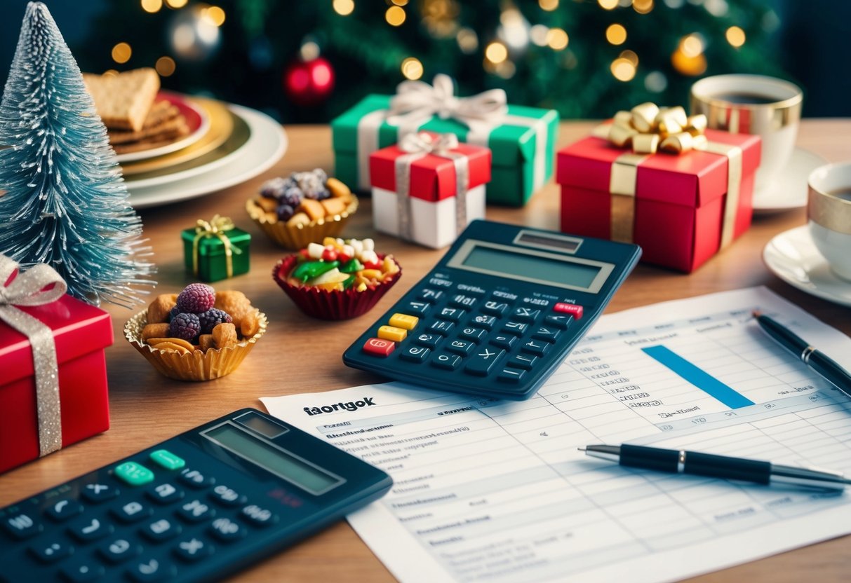 A table with various items such as decorations, food, and gifts, with a calculator and budget spreadsheet open nearby