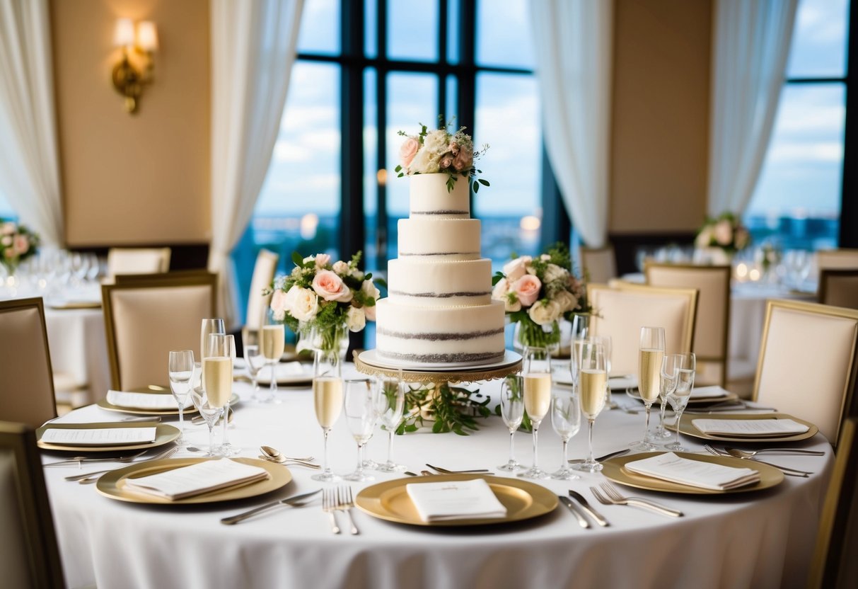 A beautifully set table with elegant place settings and floral centerpieces. A tiered cake and champagne glasses await guests