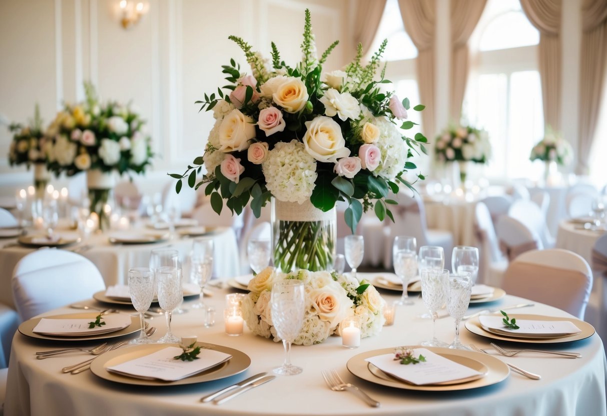 A beautifully decorated bridal shower venue with elegant table settings, floral centerpieces, and delicate place cards