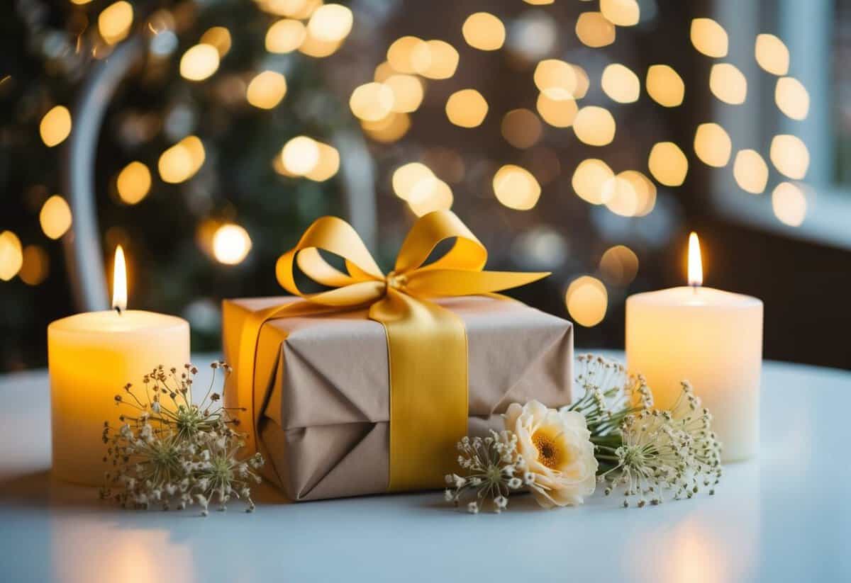 A beautifully wrapped gift sits on a table, surrounded by delicate flowers and glowing candles