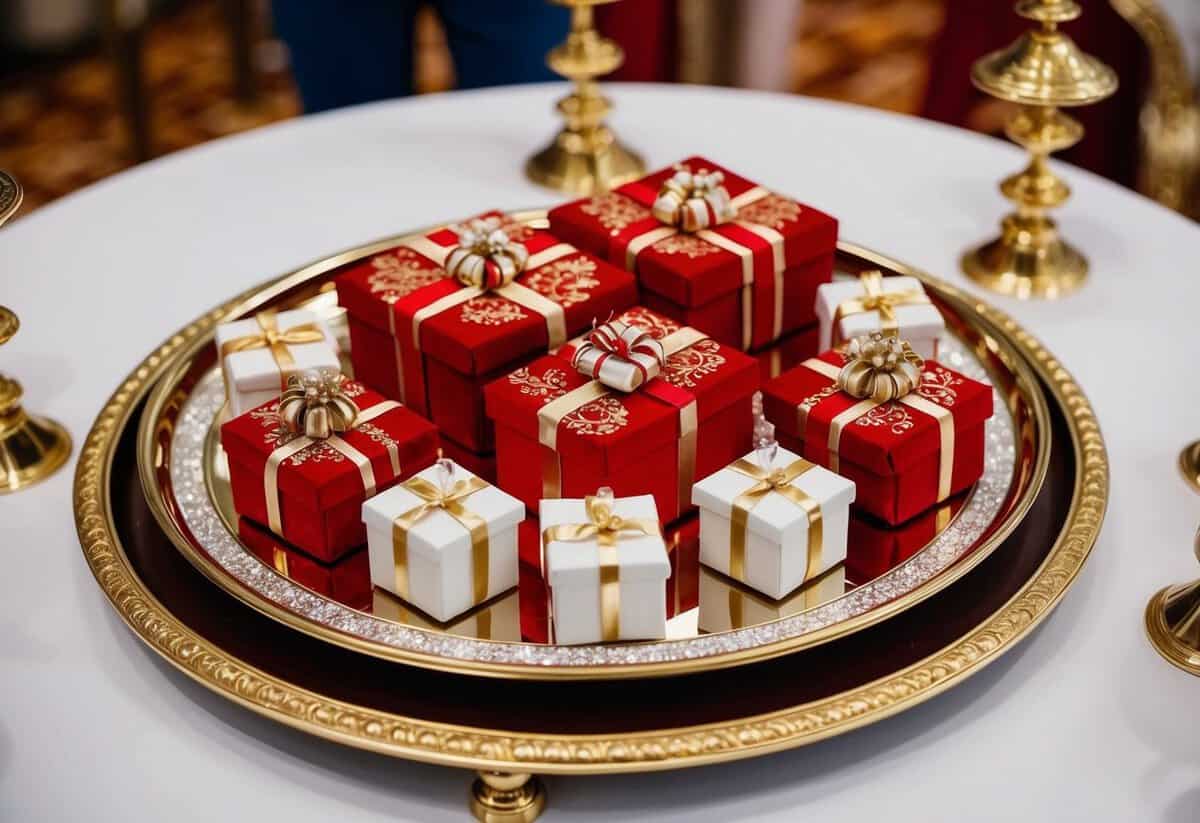 A decorative tray of traditional bridal gifts displayed in a ceremonial setting