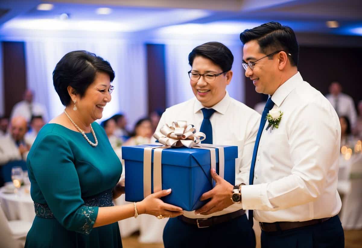 Parents present a wrapped gift to their son at his wedding reception