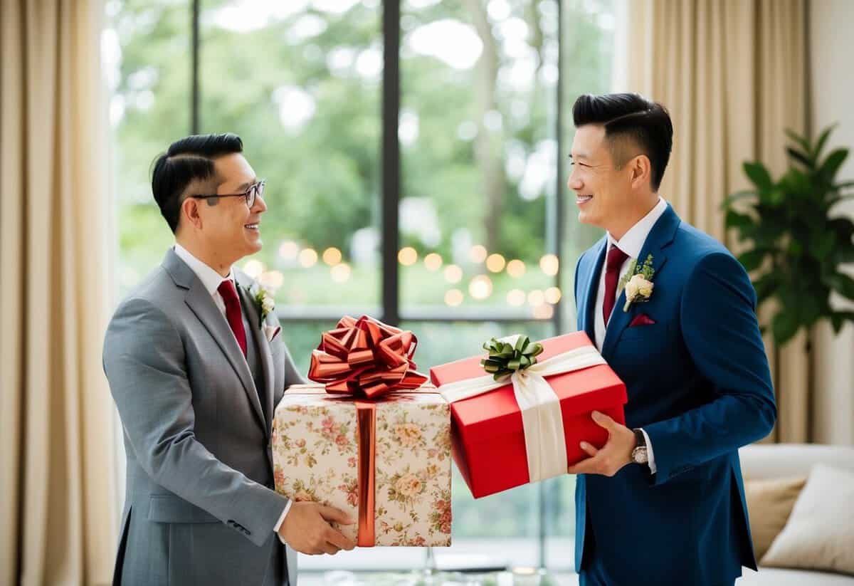 A couple presents a beautifully wrapped gift to their son on his wedding day