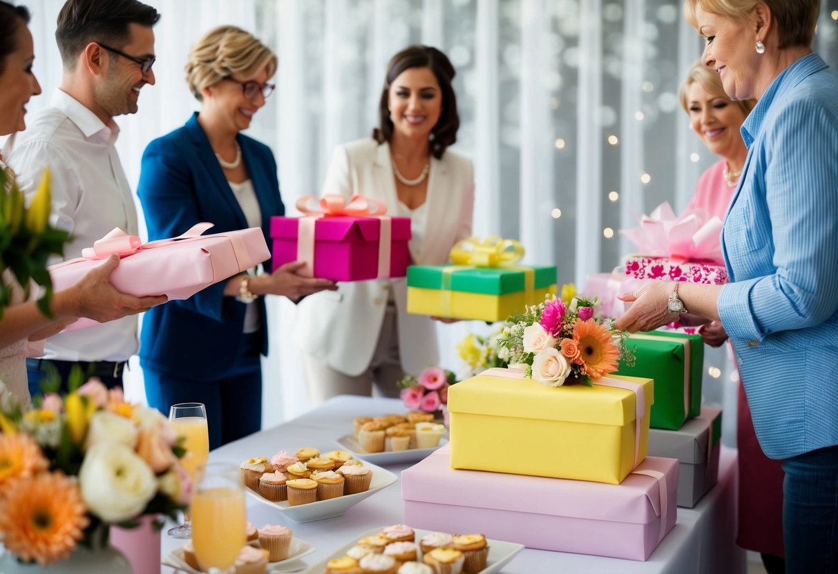 Guests bring wrapped gifts to a bridal shower, placing them on a decorated table. Refreshments and flowers are also displayed nearby