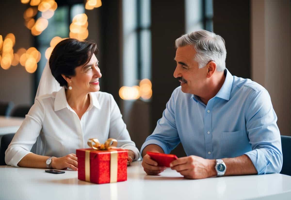 A couple sitting at a table, discussing and budgeting for a joint gift for their son's wedding