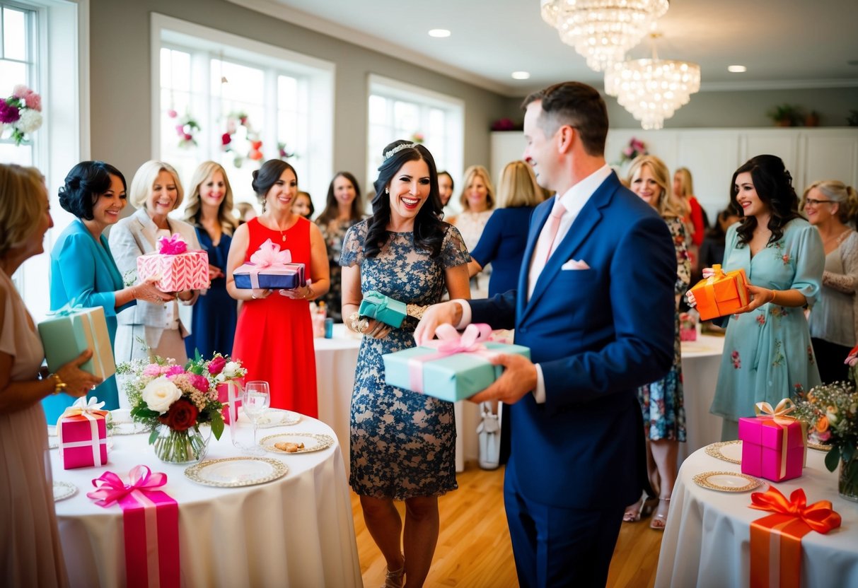 Guests bringing gifts to a bridal shower. Tables adorned with flowers and decorations. Bride-to-be opening presents surrounded by friends and family