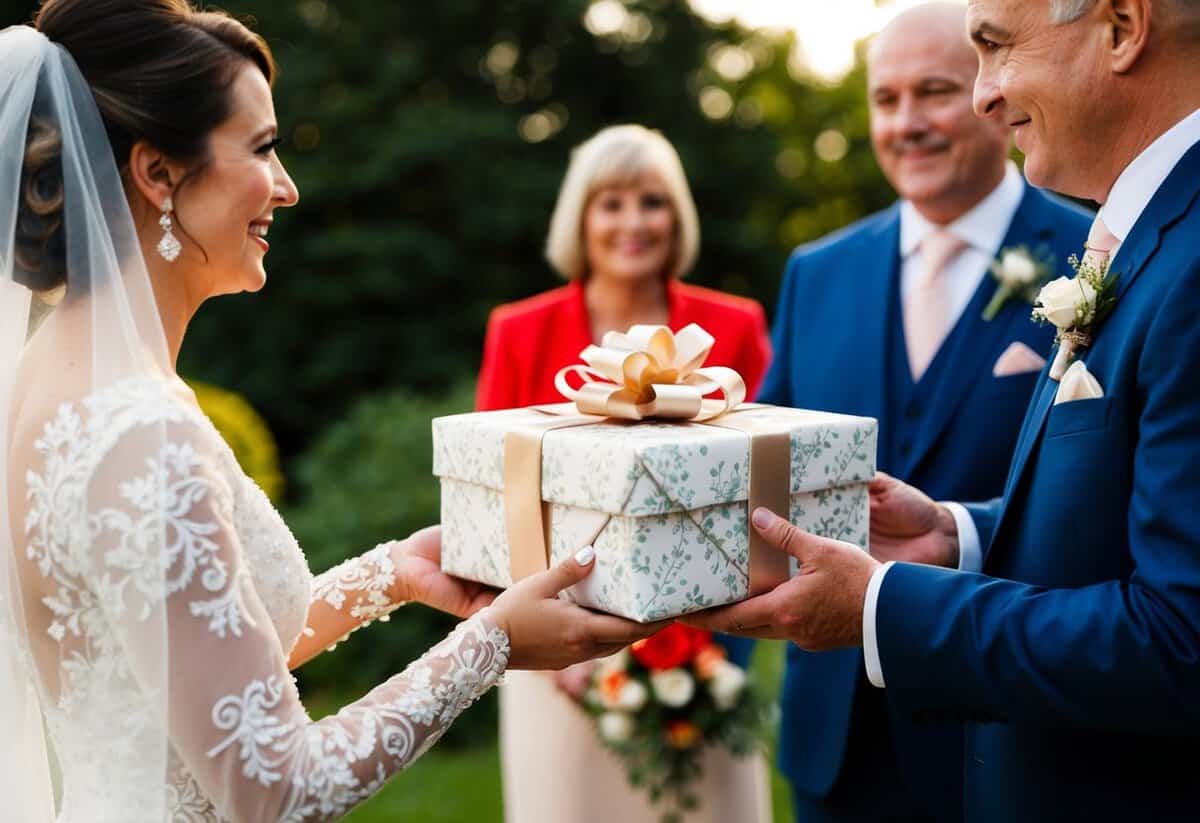 The groom's parents present a beautifully wrapped gift to the bride