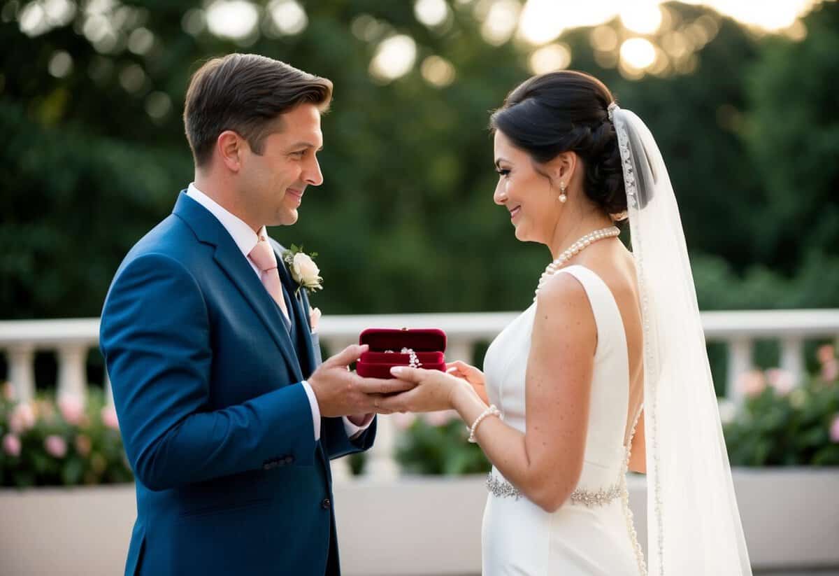 The groom's mother presents the bride with a delicate pearl necklace in a velvet box