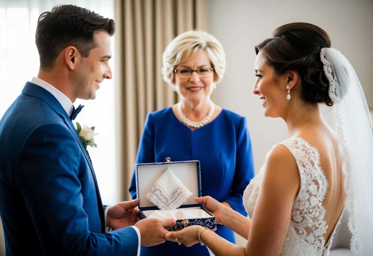 The groom's mother presents the bride with a delicate lace handkerchief in a decorative box