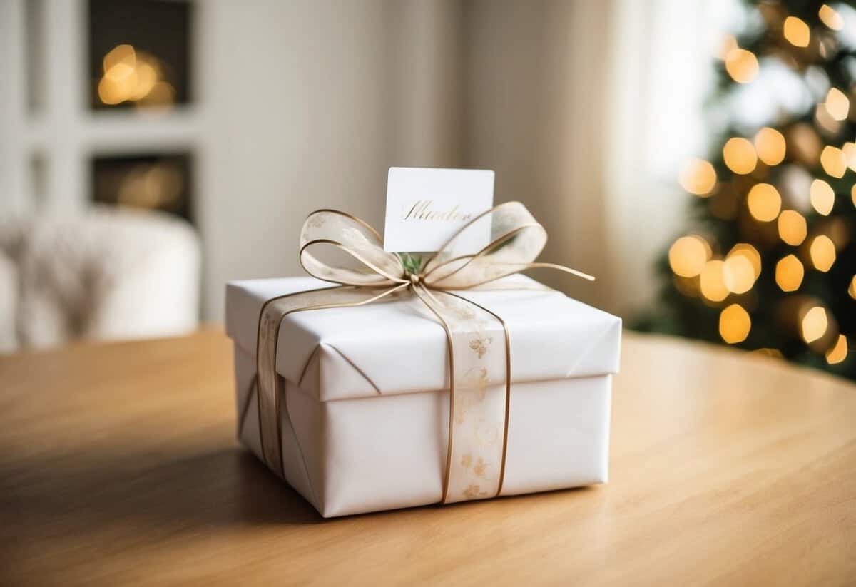 A beautifully wrapped gift box with a delicate ribbon and a small card attached, sitting on a table