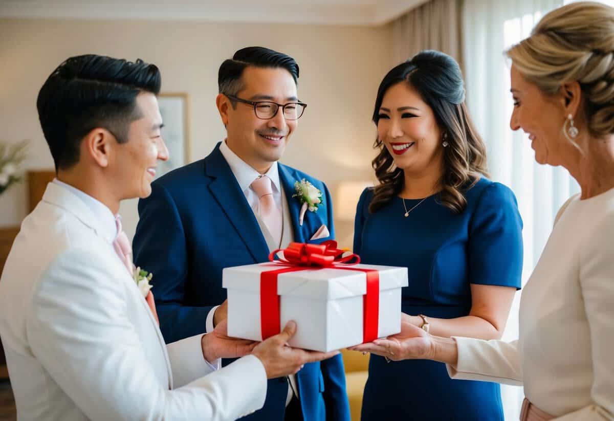 The groom's parents present a gift to the bride during wedding planning discussions