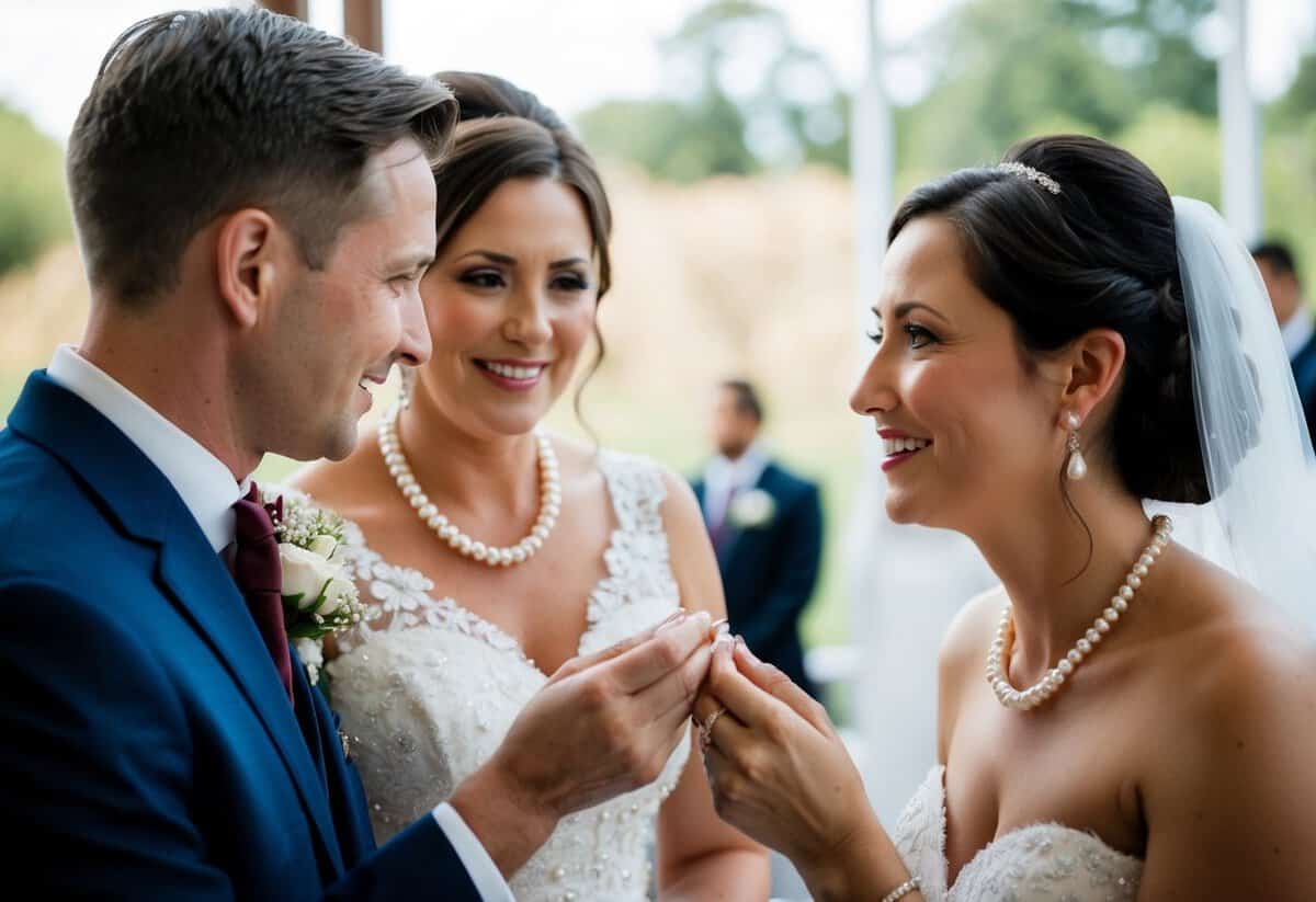 The groom's mother presents the bride with a delicate pearl necklace