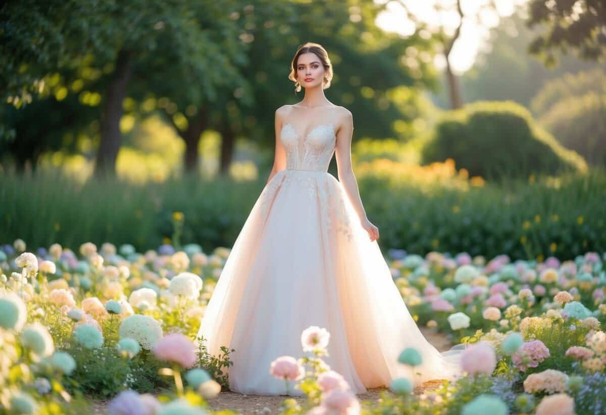 A woman in an elegant gown stands among a sea of pastel-colored flowers and greenery, with the soft glow of sunlight filtering through the trees