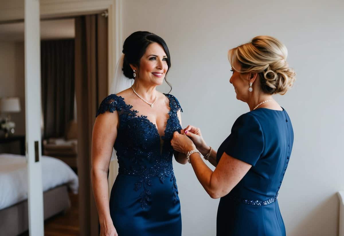 A mother of the bride in a deep navy blue dress, adding final touches to her outfit before the wedding