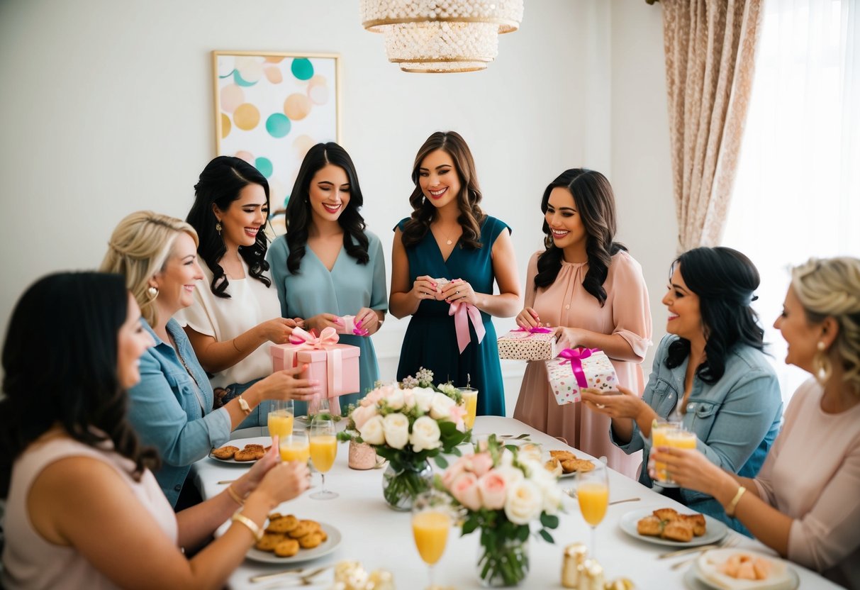 A group of women gather in a decorated room, exchanging gifts and enjoying refreshments at a bridal shower
