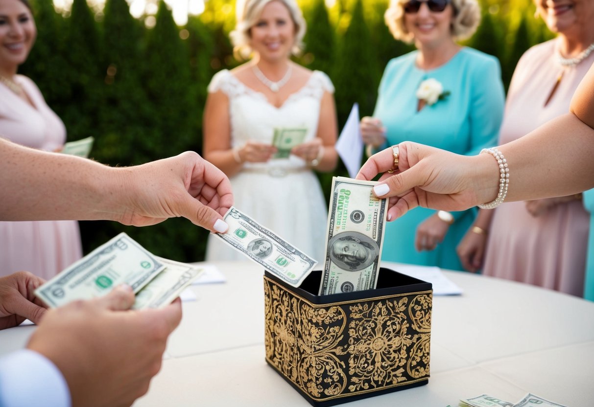 Guests happily contribute money at a bridal shower, placing cash or checks into a decorative box or envelope