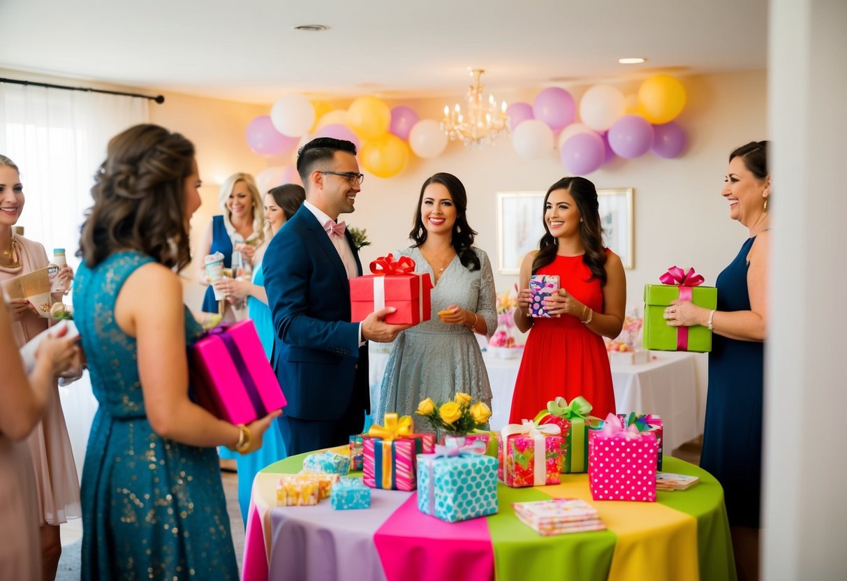 Guests bring gifts to a bridal shower, mingling in a decorated space with refreshments and games