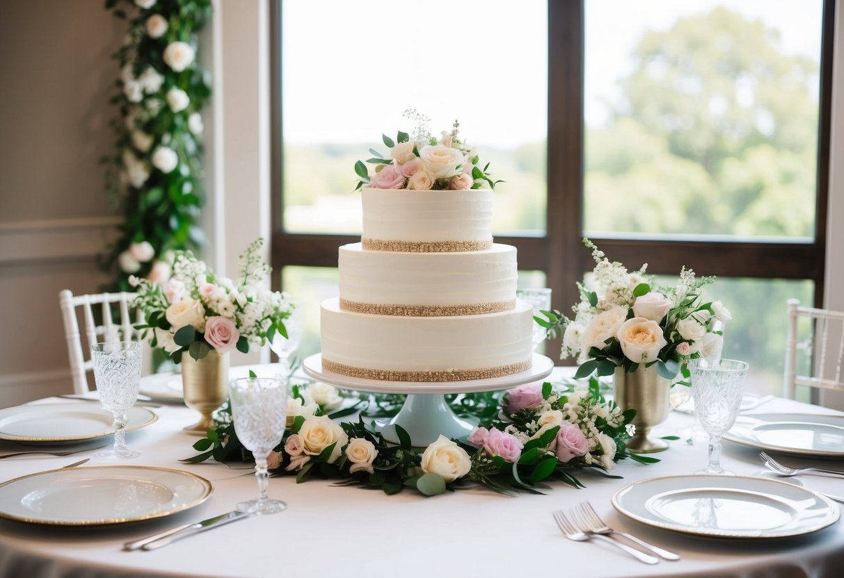 A table set with a tiered cake stand, adorned with a beautiful bridal shower cake surrounded by elegant floral decorations and delicate tableware