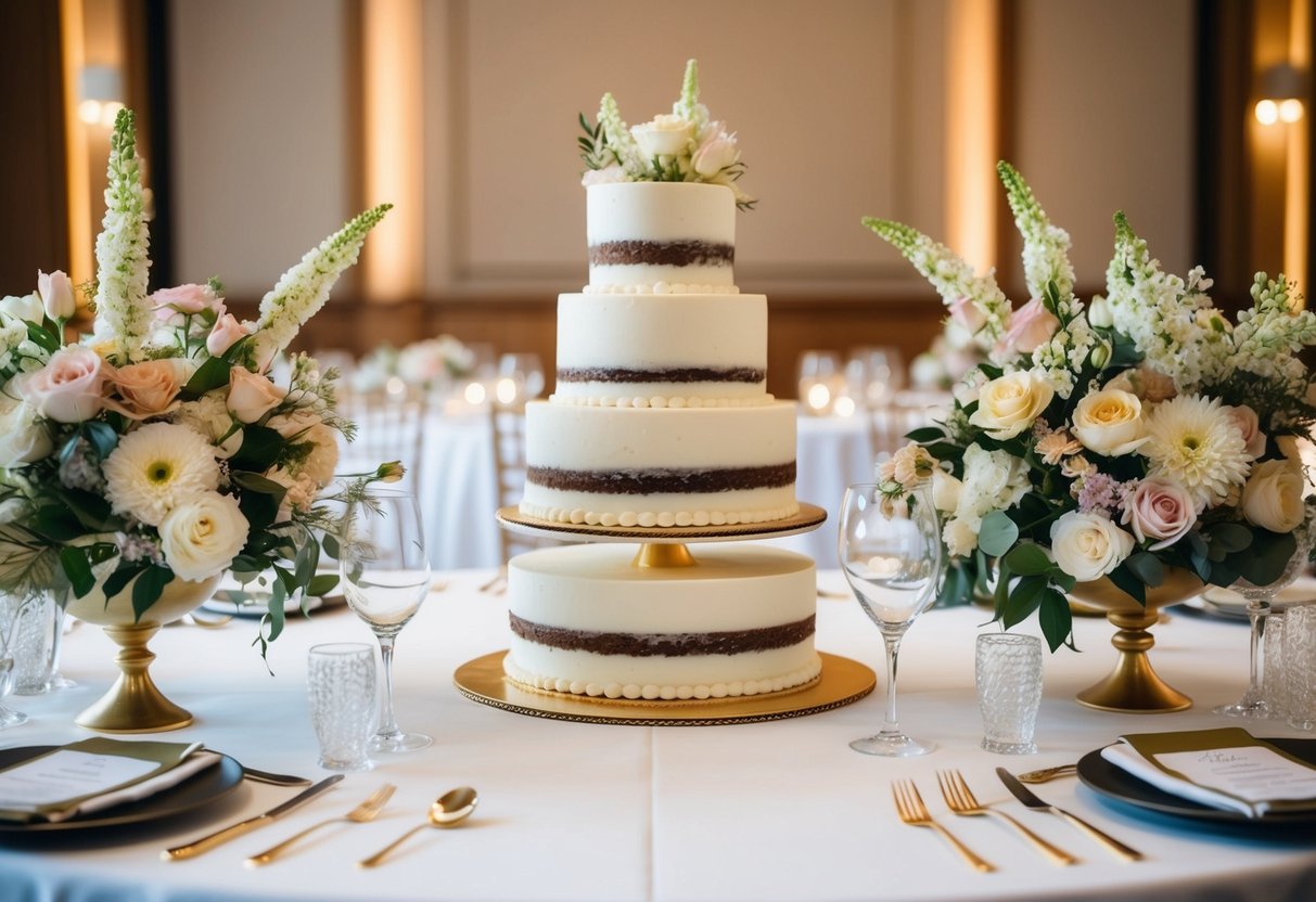 A table set with a tiered cake, surrounded by floral arrangements and elegant place settings