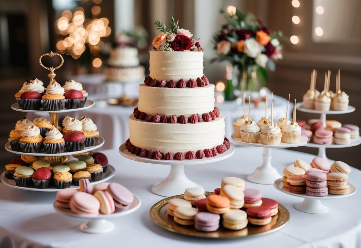 A table adorned with an assortment of decadent desserts, including a tiered cake, cupcakes, and macarons, set up for a bridal shower celebration