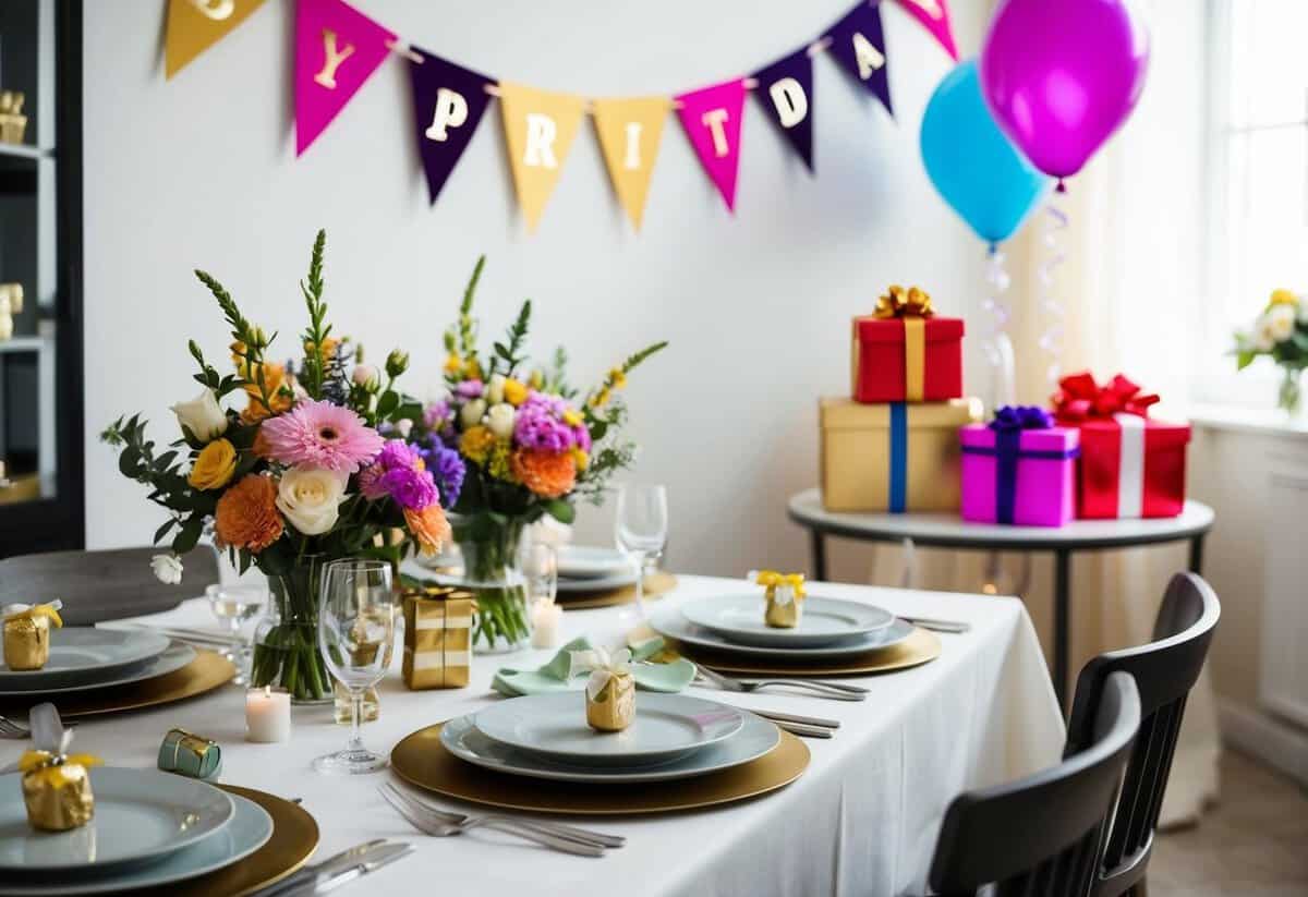 A table set with flowers, plates, and silverware. A banner and balloons decorate the room. Gift-wrapped presents sit on a nearby table