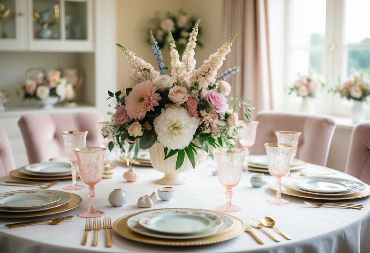 A table set with floral centerpieces, delicate china, and pastel decorations in a cozy, sunlit room