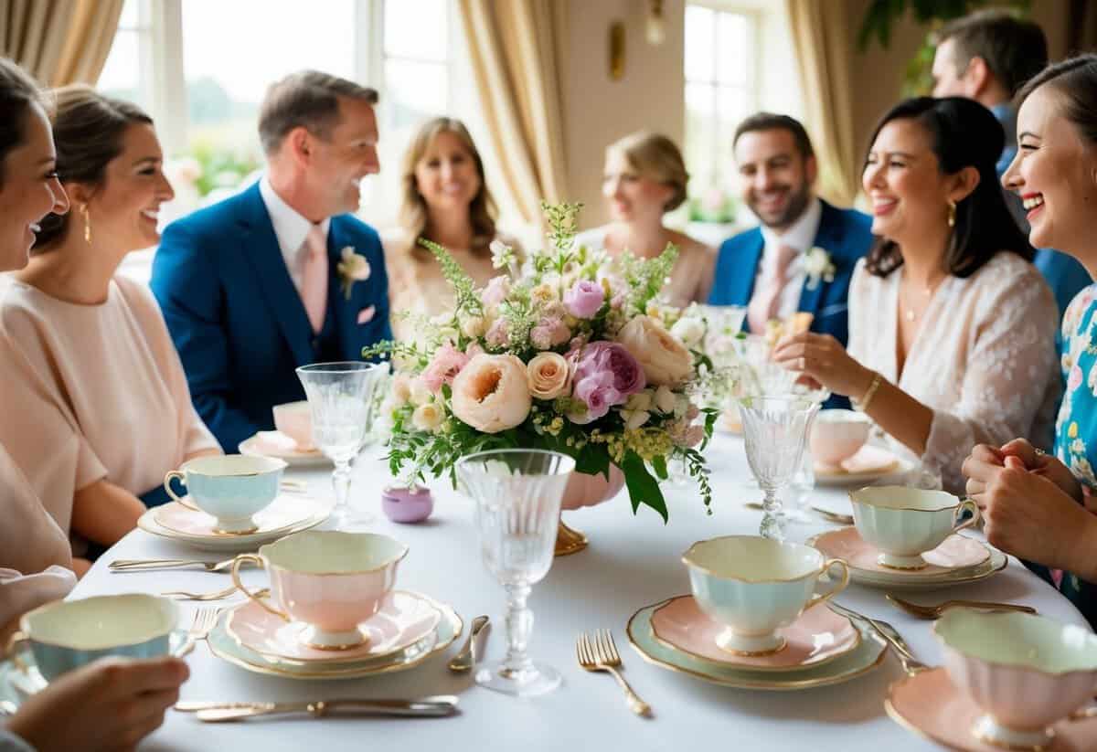 A table set with floral centerpieces, delicate tea cups, and pastel-colored desserts. Guests mingle and laugh in a cozy, sunlit space