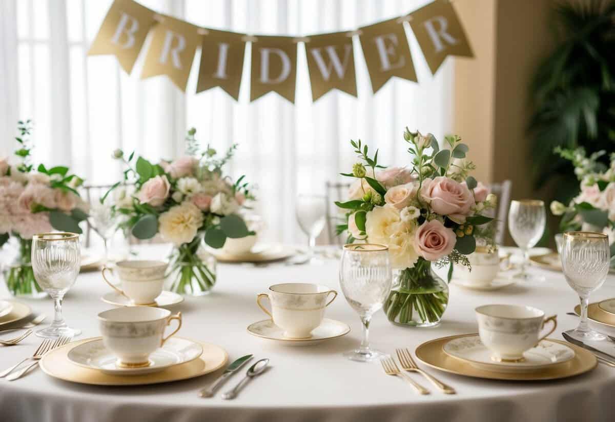 A table set with elegant place settings, floral centerpieces, and delicate tea cups. A banner with the words "Bridal Shower" hangs in the background