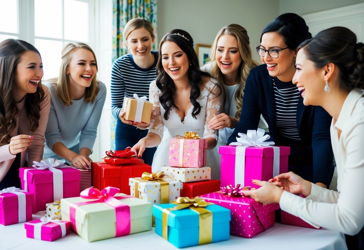 A group of friends gather around a table filled with beautifully wrapped gifts. Laughter and chatter fill the room as the bride-to-be opens her presents