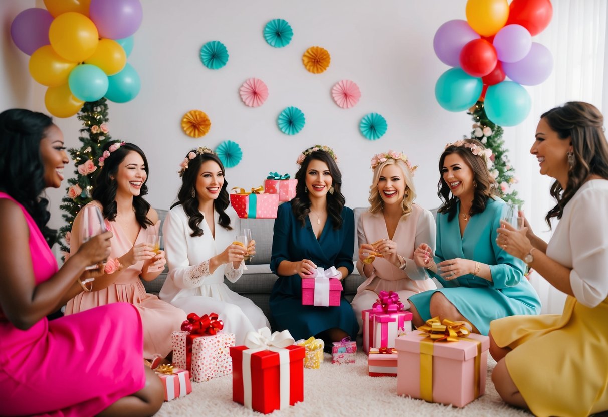 A group of women play bridal shower games, surrounded by themed decorations and gifts