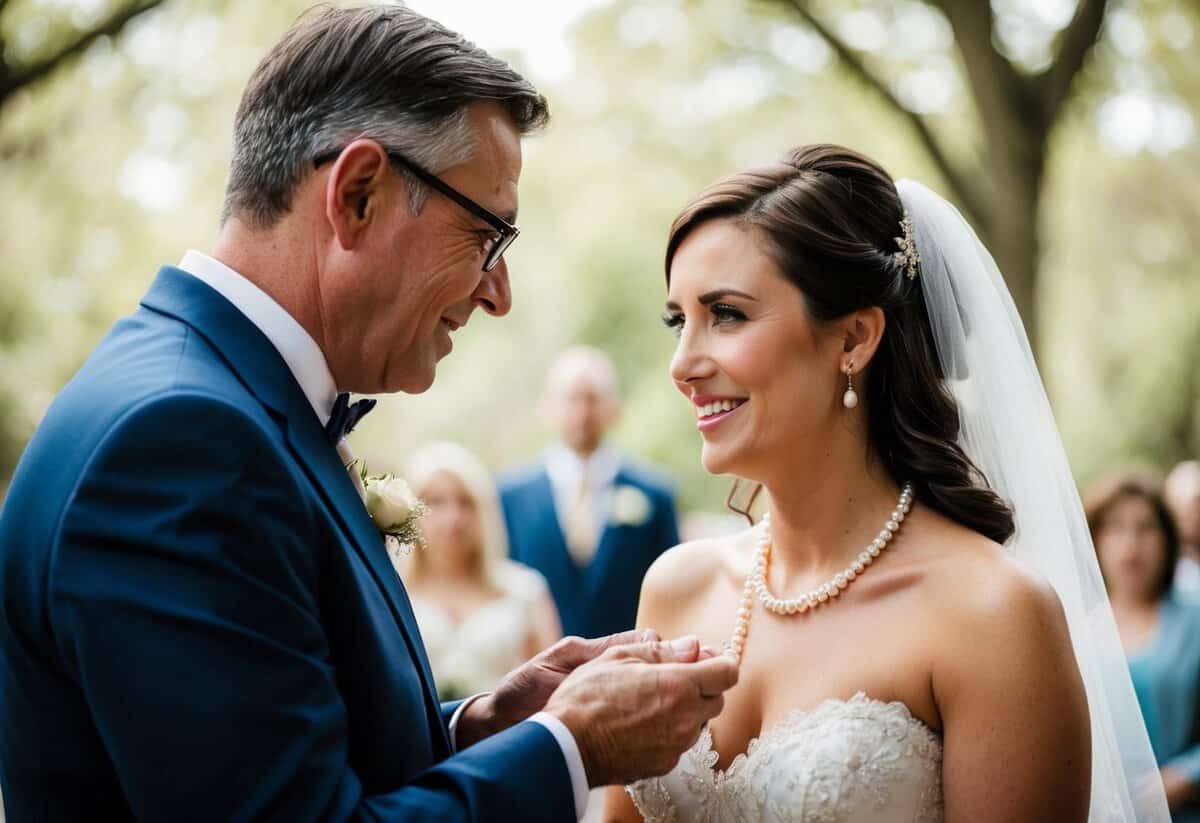 A father presents his daughter with a delicate pearl necklace on her wedding day