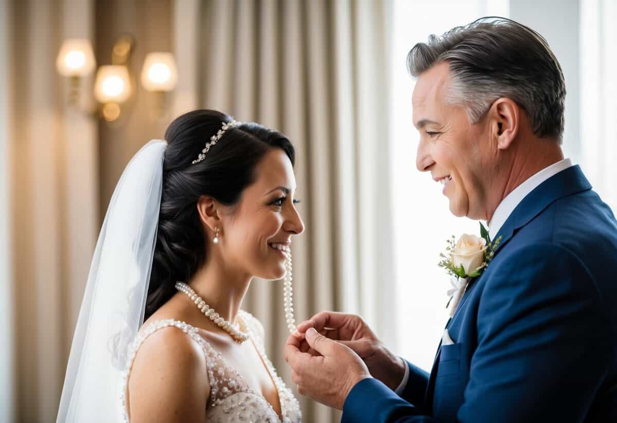 A father presents his daughter with a delicate pearl necklace on her wedding day