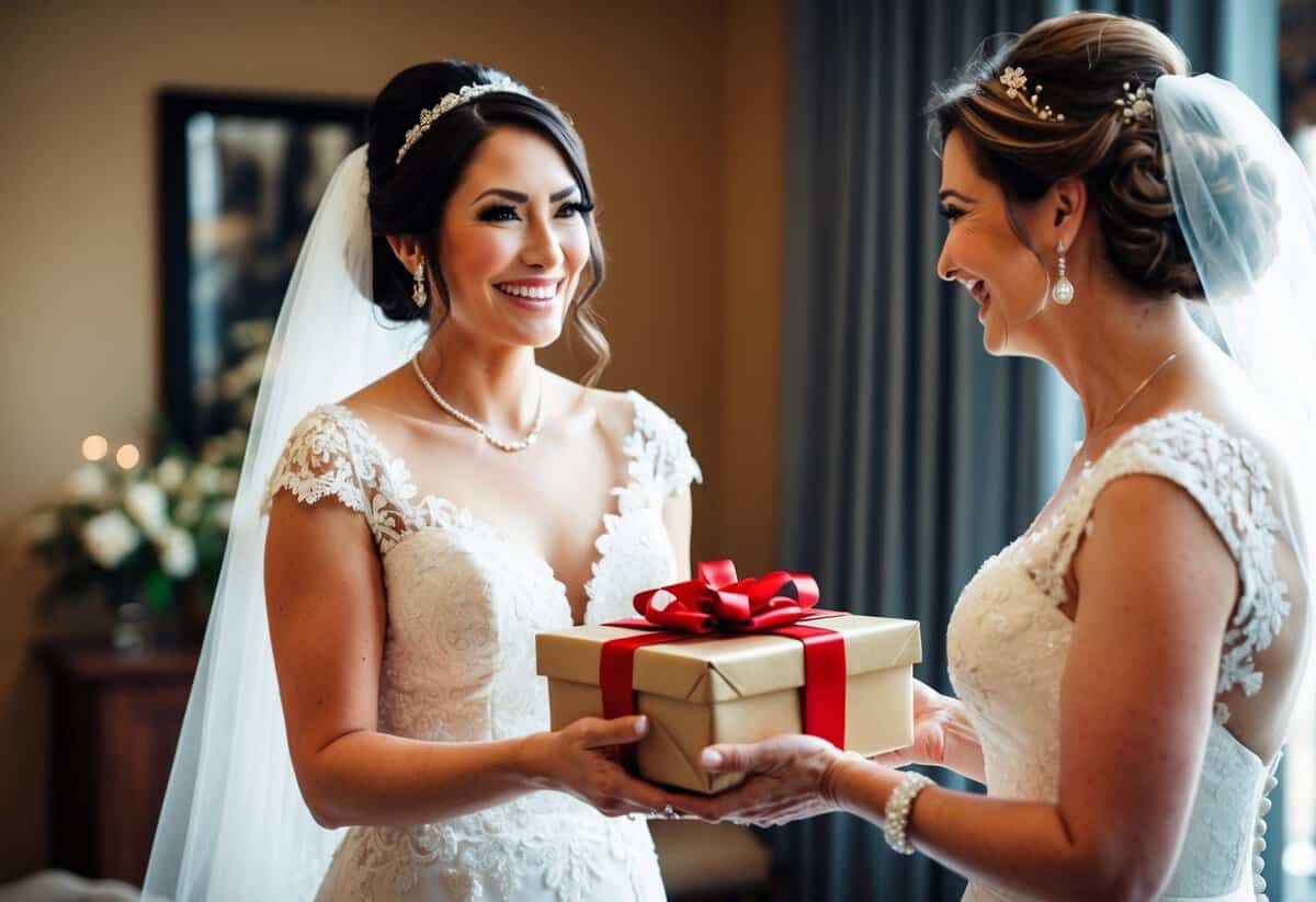 A bride presenting a beautifully wrapped gift to her mother-in-law with a warm smile and a gesture of gratitude
