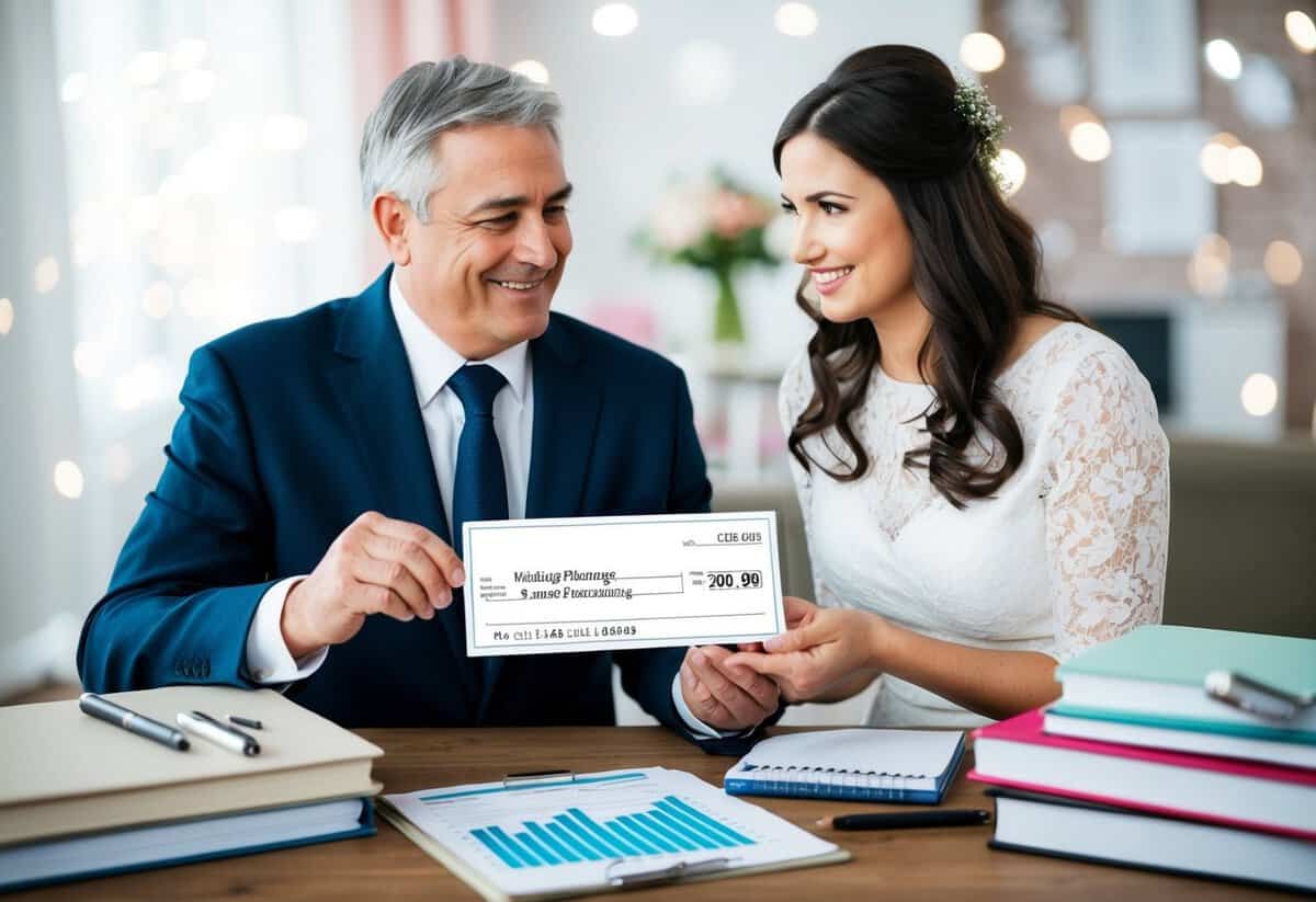 A father presents a check to his daughter for her wedding expenses, surrounded by wedding planning books and a budget spreadsheet