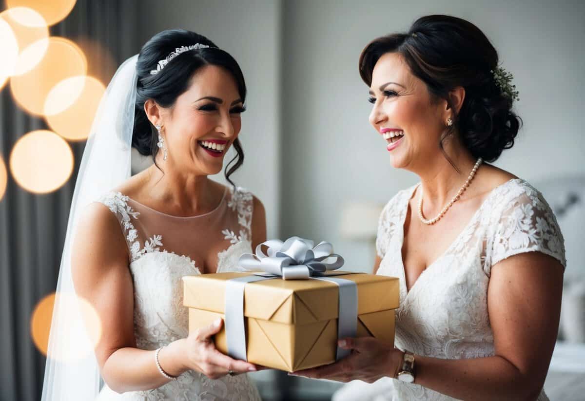 A bride presents a beautifully wrapped gift to her mother-in-law, both smiling with joy and gratitude