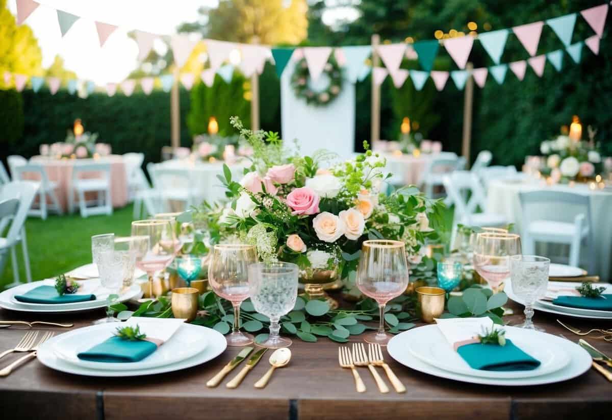 A festive garden party with a mix of feminine and masculine decor, including both bride and groom themed elements