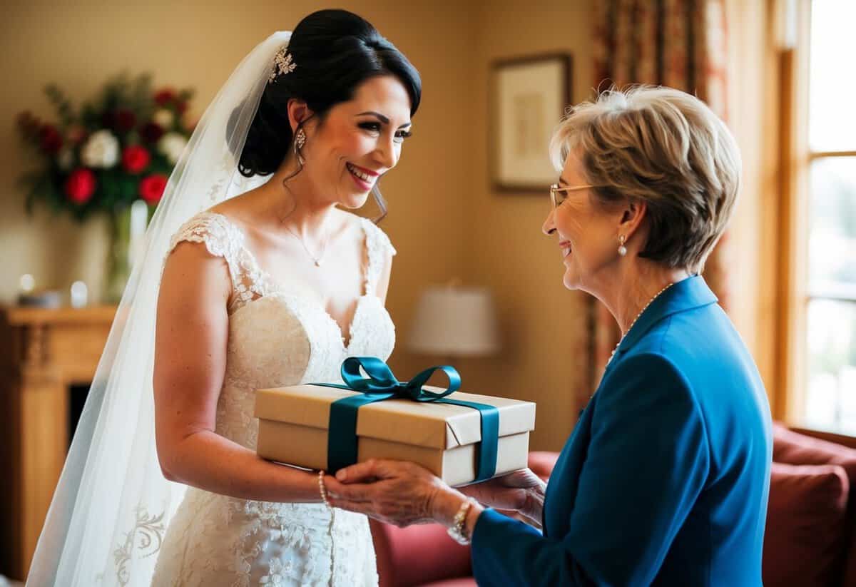 A bride presents a carefully wrapped gift to her mother-in-law, who receives it with a warm smile. The room is filled with warmth and love