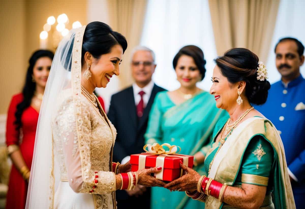 A bride presents a gift to her mother-in-law during a pre-wedding event, symbolizing the bond between the two families