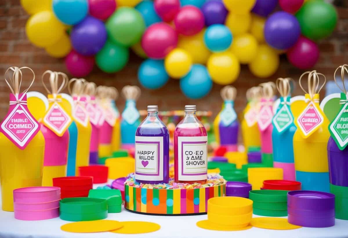 A colorful array of party games and decorations for a co-ed wedding shower