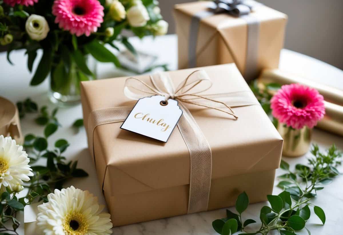 A beautifully wrapped gift box with a delicate ribbon and a personalized tag sitting on a table, surrounded by fresh flowers and elegant wrapping materials
