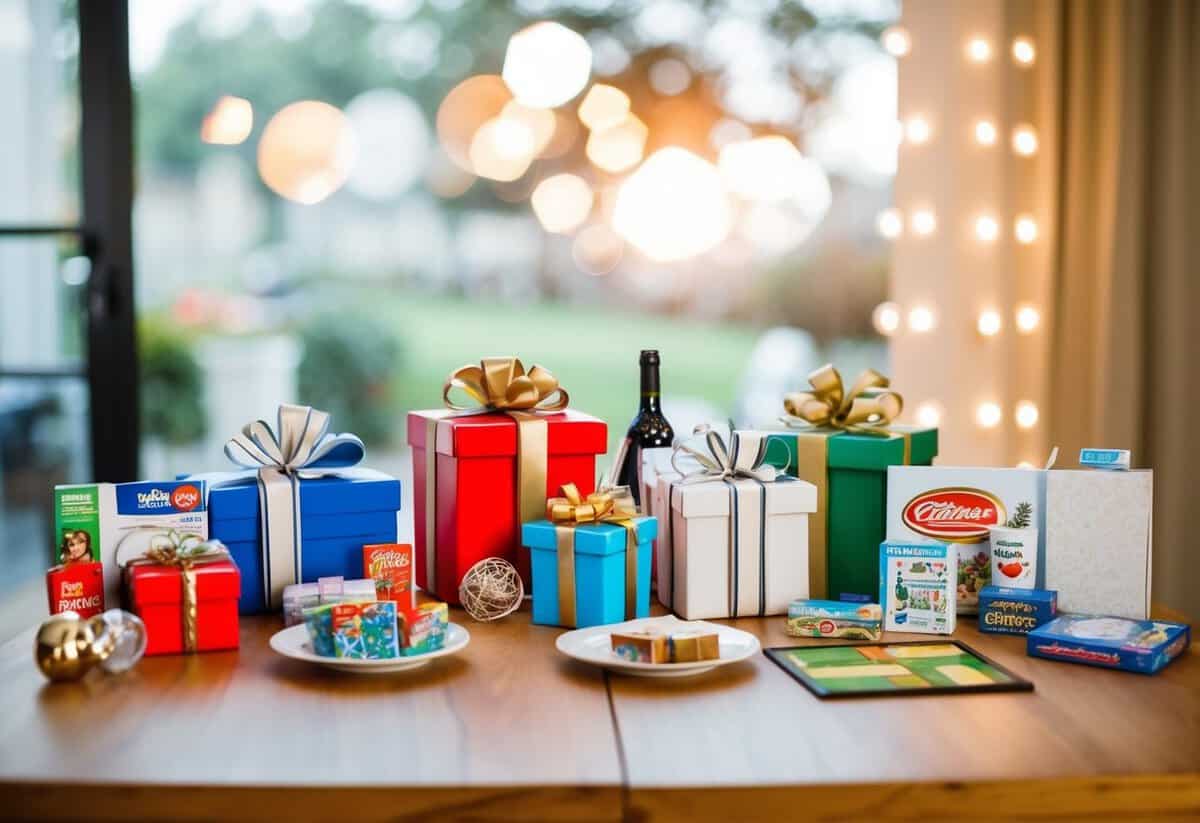 A table set with gifts for both bride and groom, including kitchenware, home decor, and games