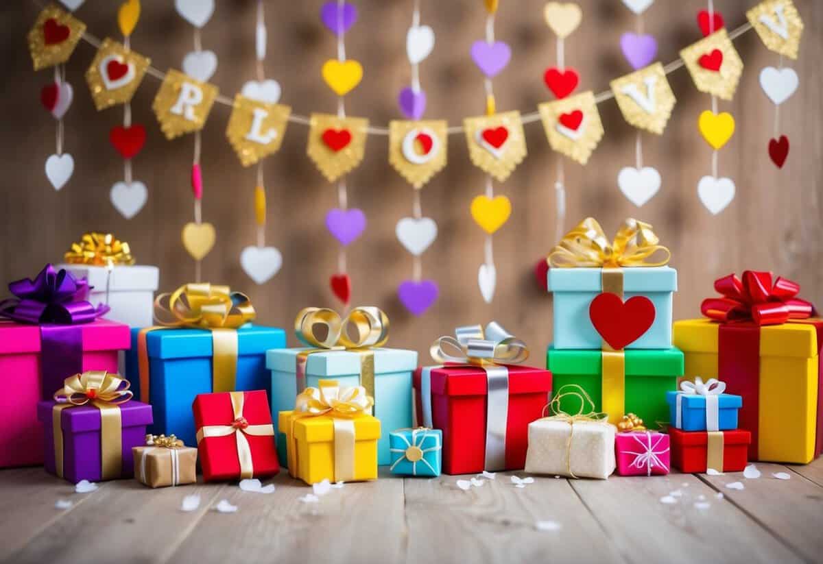A festive scene with a colorful array of decorations and gifts, featuring symbols of love and unity for a couples' wedding shower