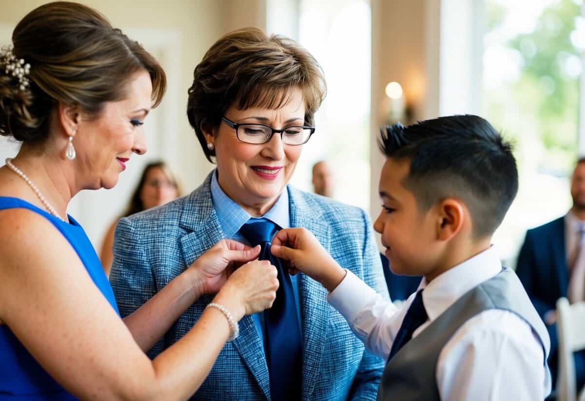 A mother lovingly adjusts her son's tie before his wedding ceremony
