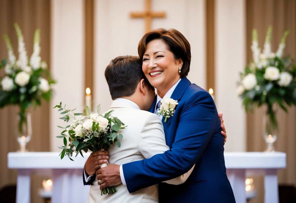 A mother embraces her son, holding a bouquet and smiling as they stand in front of a wedding altar