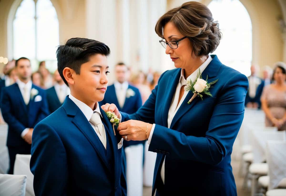 A mother carefully arranges her son's suit and tie, placing a boutonniere on his lapel as he prepares to walk down the aisle