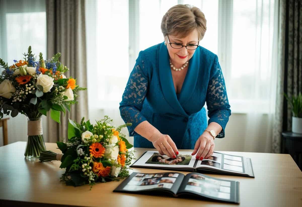 A mother lovingly arranges her son's favorite flowers and a photo album on a table, preparing to share cherished memories with him on his wedding day