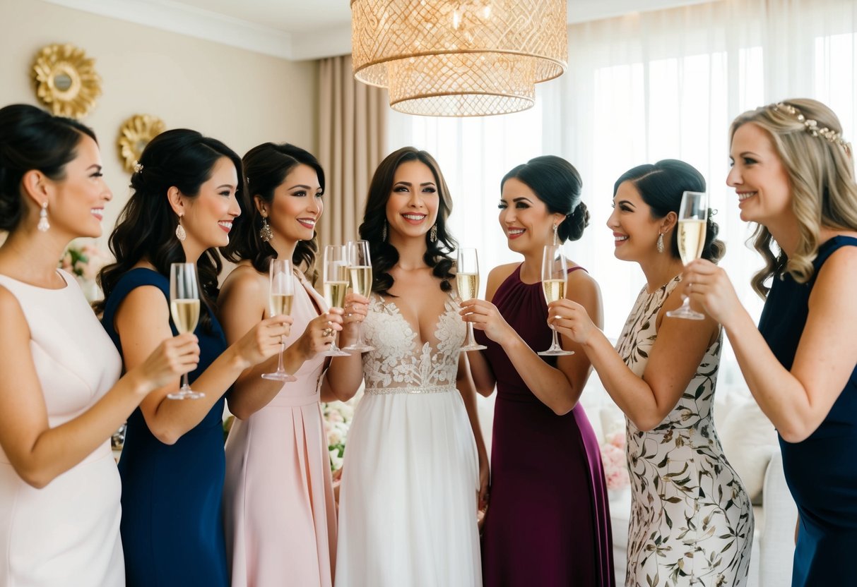 A group of women wearing elegant dresses and sipping champagne in a beautifully decorated room for a bridal shower
