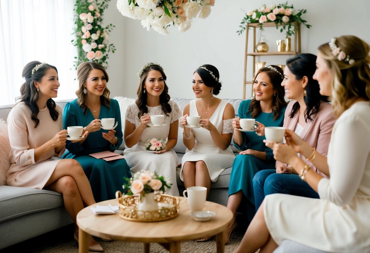 A group of women at a bridal shower, sipping tea and chatting in a cozy living room adorned with floral decorations