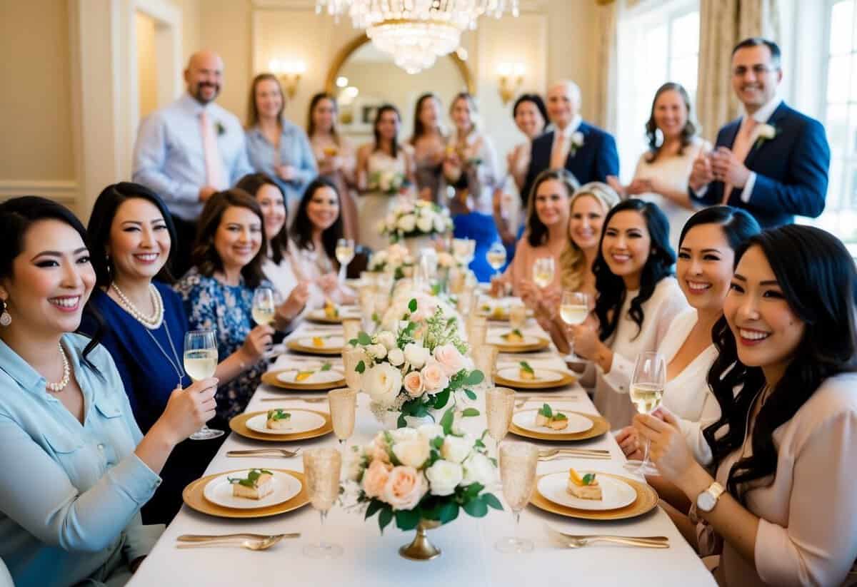 A table set with elegant decorations and refreshments, surrounded by excited guests at a bridal shower